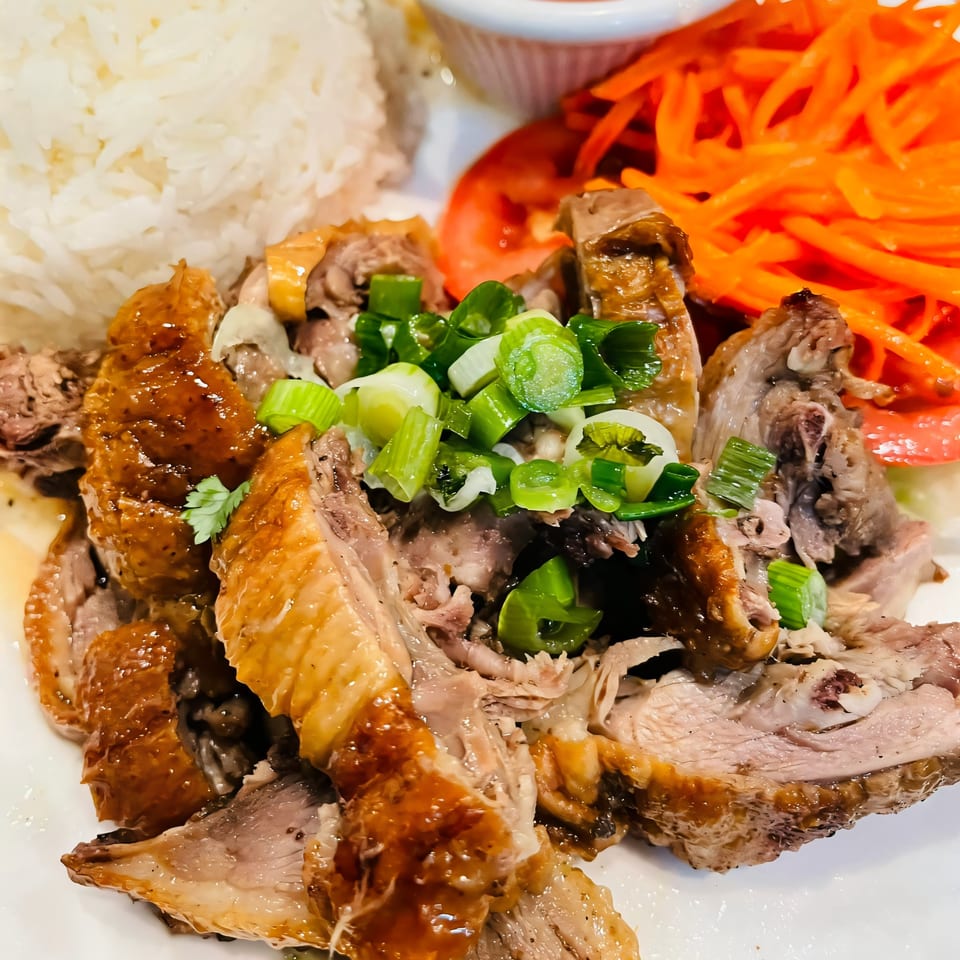 Roasted duck with crispy skin, rice, pickled carrots, and scallions on a white plate at Pho Boca.